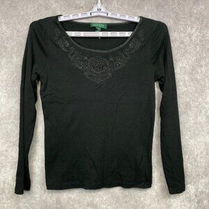 Lauren Ralph Lauren Shirt Womens Medium Black Scoop Neck Embroidered Sequins